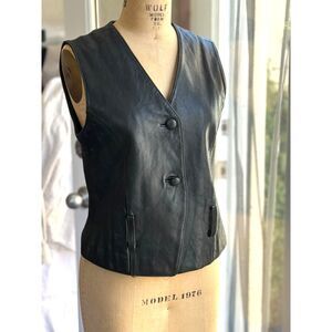 VTG Nordstrom Brass Plum Black 100% Leather Vest Waistcoat Top Size S
